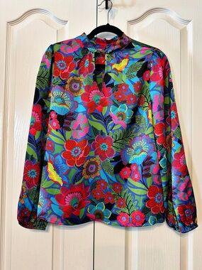 Sugarlips Floral Keyhole Blouse - Red, Pink, Blue, Green Long Sleeves Size XS